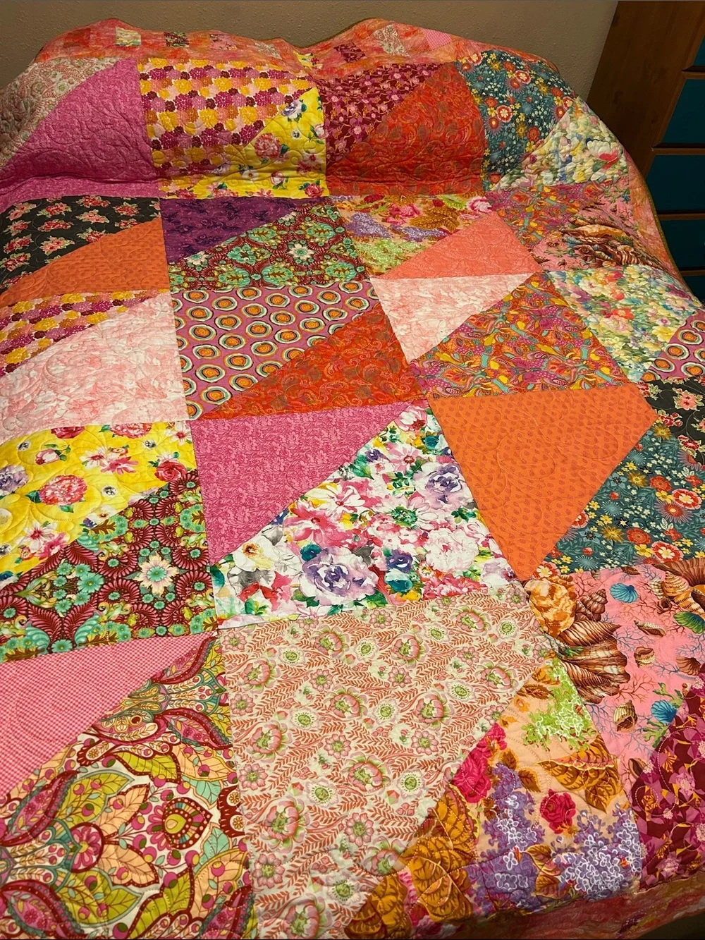 ONE OF A KIND - Handcrafted Vibrant Quilt - Pink & Orange Floral Desig
